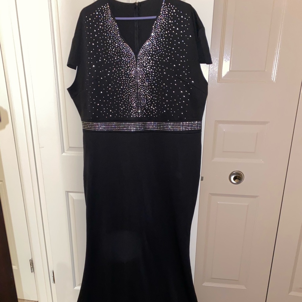 Short sleeve rhinestone plus size evening gown